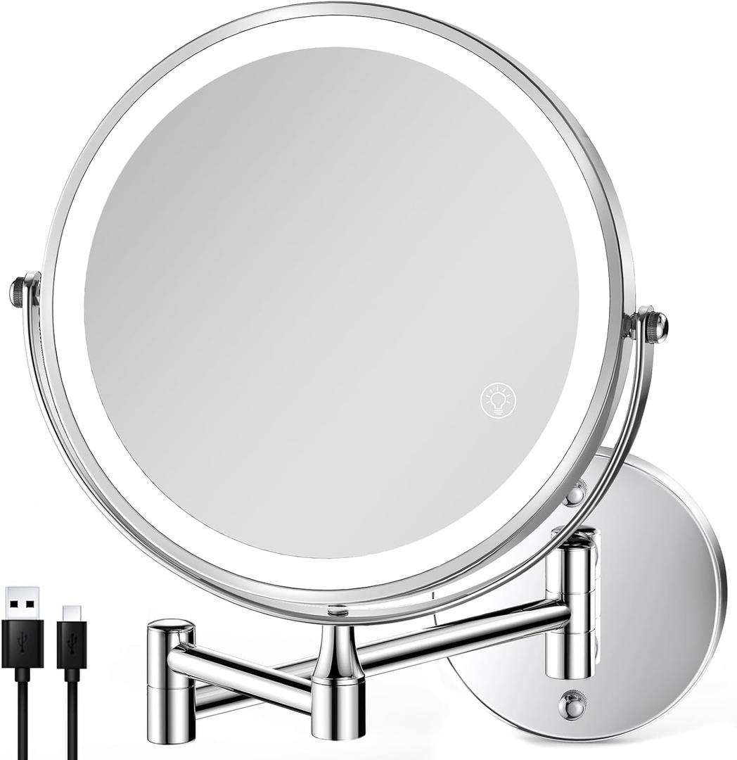 8.5 Inch Rechargeable Wall Mounted Lighted Makeup Mirror, Double-Sided 1X/10X LED Magnifying Vanity Mirror with Lights, 3 Color Lights Touch Screen Dimmable 360Swivel 18 Inch Extendable - Chrome