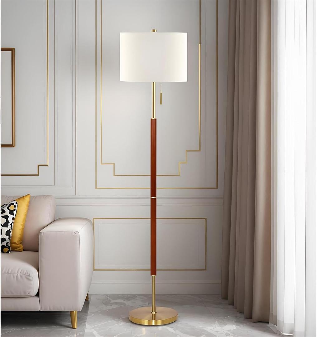 62" Walnut Gold Floor Lamp for Living Room, 1200LM 3-Way Dimmable Mid Century Modern Floor Lamp for Bedroom Office, Wood Vintage Standing Lamp Linen Shade, LED Bulb Included