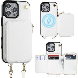 Bocasal for MagSafe Crossbody Wallet Case Compatible with iPhone 16 Pro Max, RFID Blocking Protective Purse Case with Card Slots Holder Kickstand Wrist Strap Lanyard Zipper 6.9 Inch 5G (White)