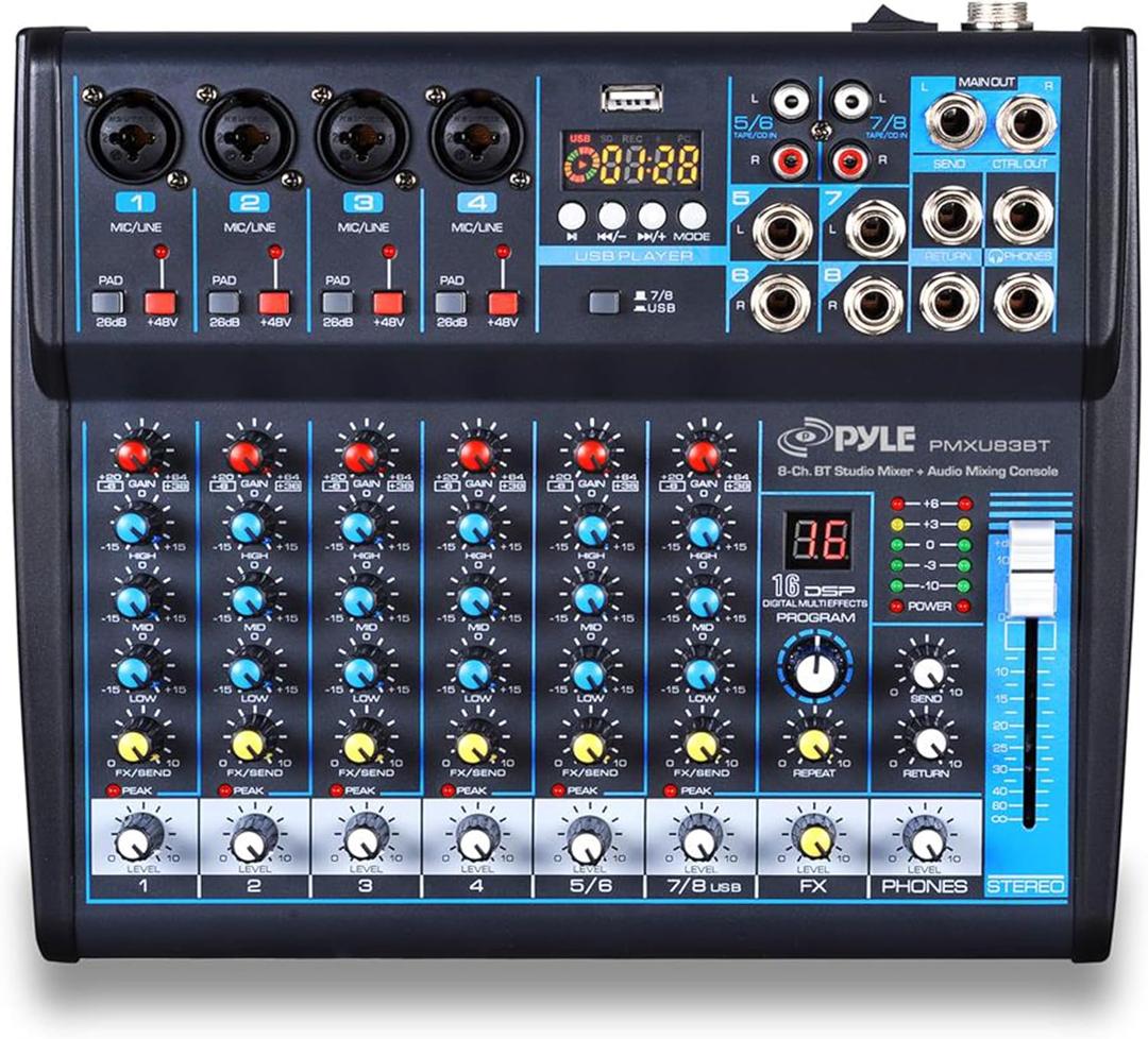 Pyle Professional Audio Mixer Sound Board Console Desk System- Interface 8 Channel Digital USB Bluetooth MP3 Computer Input 48V Phantom Power Stereo DJ Studio FX 16Bit DSP Processor, Black - PMXU83BT