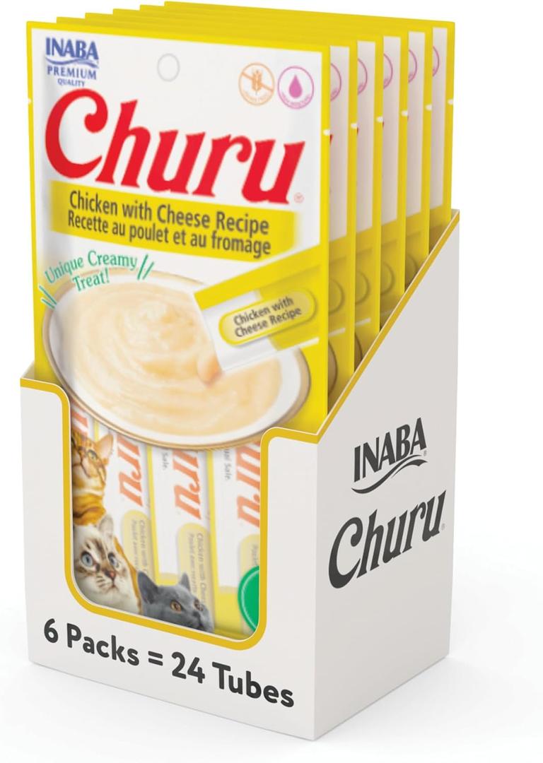 INABA Churu Cat Treats, Grain-Free, Lickable, Squeezable Creamy Pure Cat Treat/Topper with Vitamin E & Taurine, 0.5 Ounces Each Tube, 24 Tubes (4 per Pack), Chicken with Cheese Recipe, Best By: 01/15/2026
