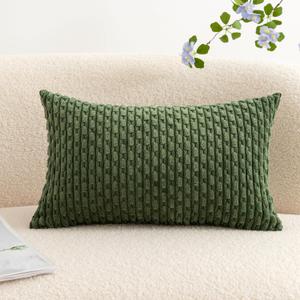 UGASA Soft Corduroy Decorative Pillow Cover 12x20 Inch Boho Striped Oblong Throw Pillow Cover Rectangle Lumbar Modern Home Decor for Sofa Living Room Couch Bed Moss Green 1 Piece