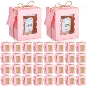 Affrolling 50 Set Pink Candle Gift Box Transparent Gift Packaging Box Bulk for 4-10 oz Candles with Thank You Tag Hemp Rope for Valentine's Day Wedding Birthday Party Favor, 3.35x3.35x3.94 Inch