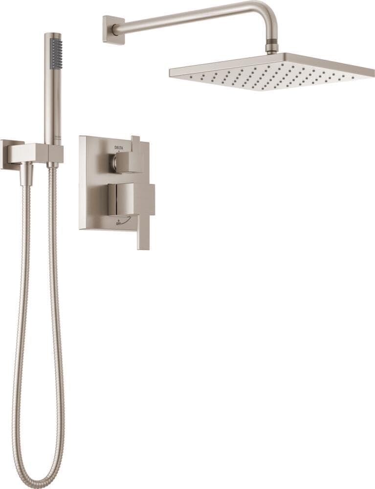 Delta Modern 14 Series Square Rain Shower System Faucet Set, Rainfall Brushed Nickel Shower Head and Handle Set, Valve Trim Kit, 10 Inch, Spotshield Stainless 342701-SP