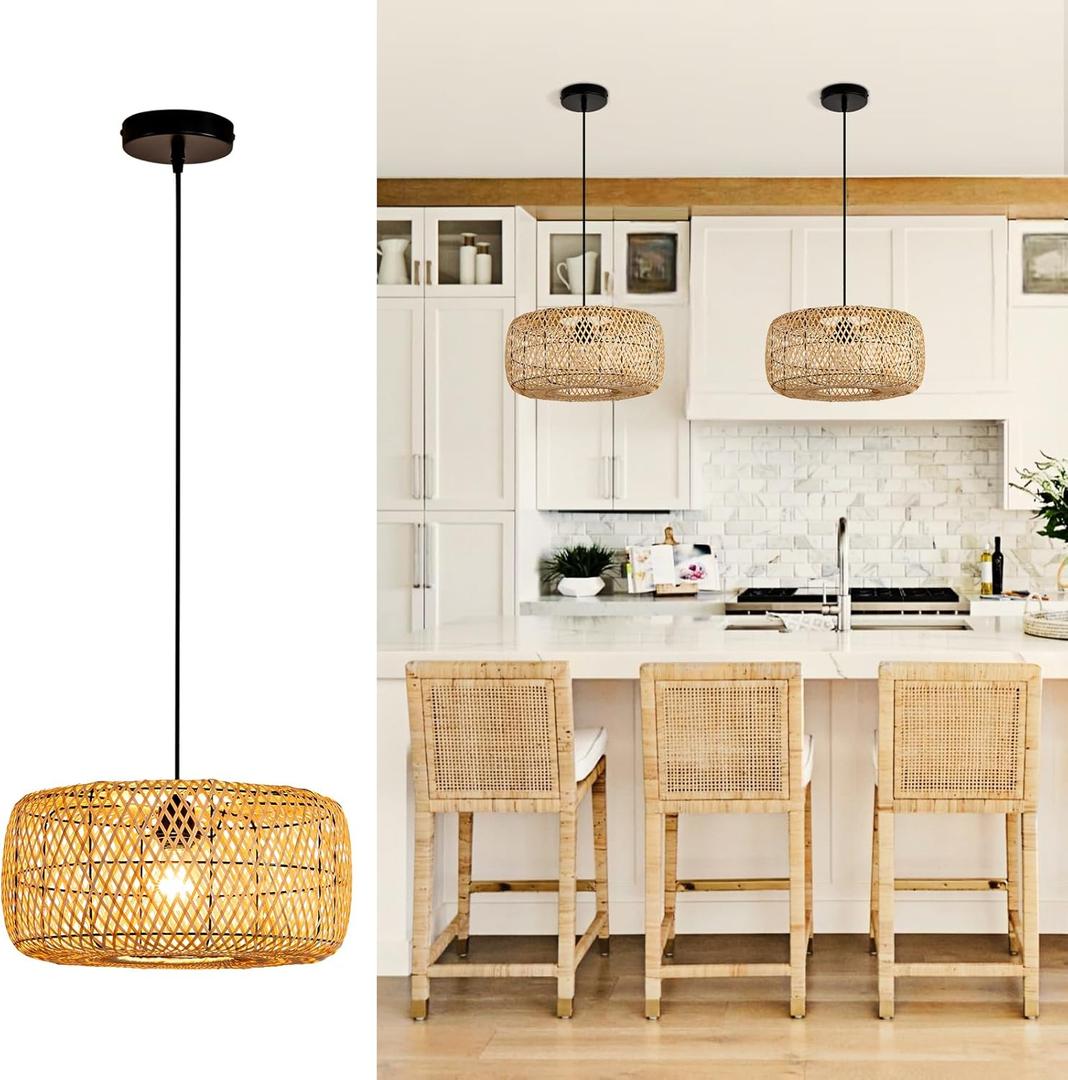 Bamboo Pendant Light, Hand-Woven Wicker Bamboo Chandelier for Dining Room Island Table, Restaurant, Living Room, Bedroom, Farmhouse, Woven Lamp 15.7" (LB-012)