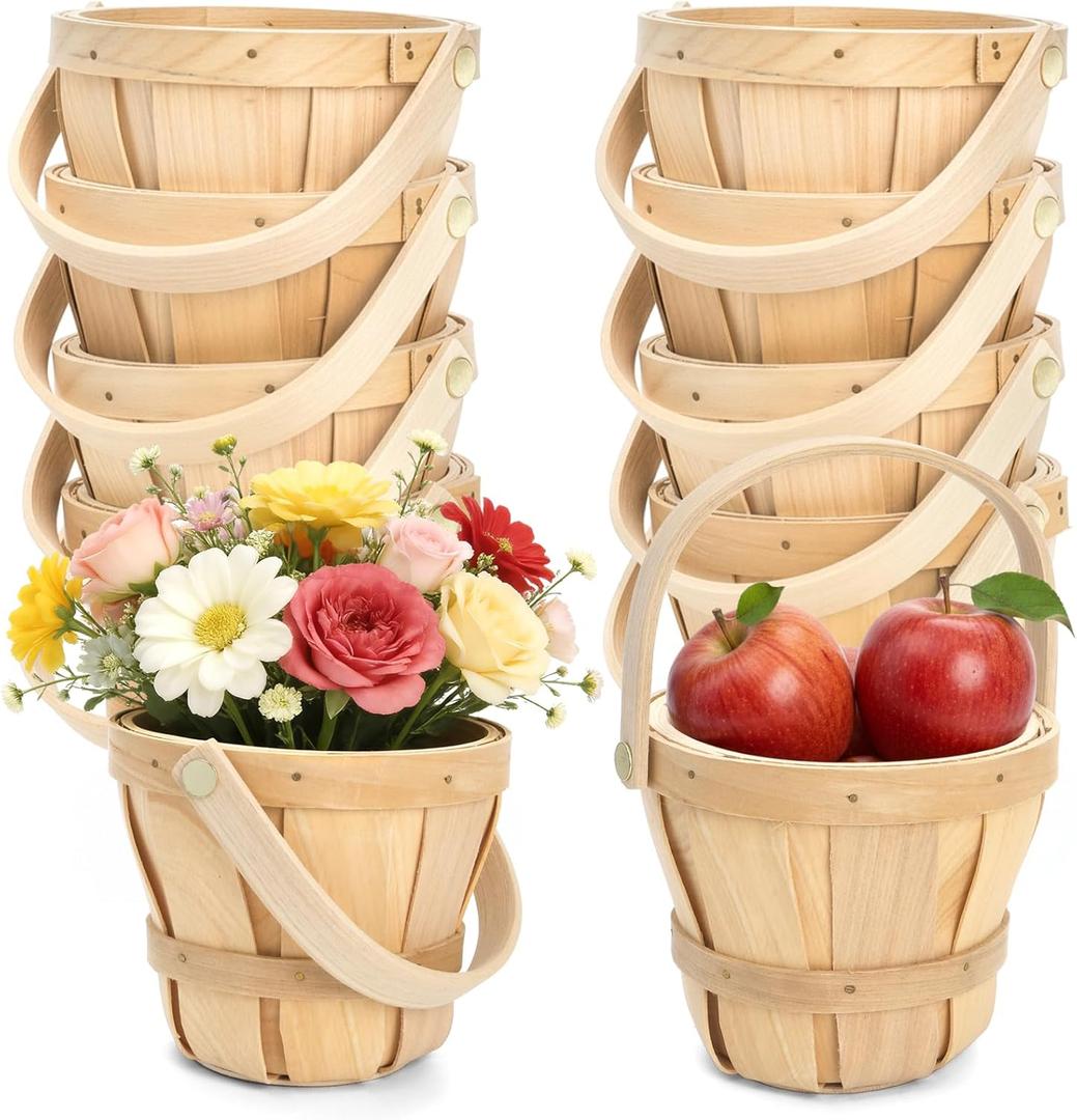 10 Pack Small Wooden Gift Basket, 4 x 4.7 Inch Round Woven Fruit Baskets Bulk, Mini Picnic Baskets with Handle for Garden Picking Berry Vegetable Flower DIY Craft Wedding Party Home Decor