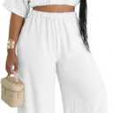Choichic 2 Piece Sets for Women Summer Batwing Sleeve Crop Top and Wide Leg Pants Set Jumpsuits Beach Vacation Outfits (White, XXL)