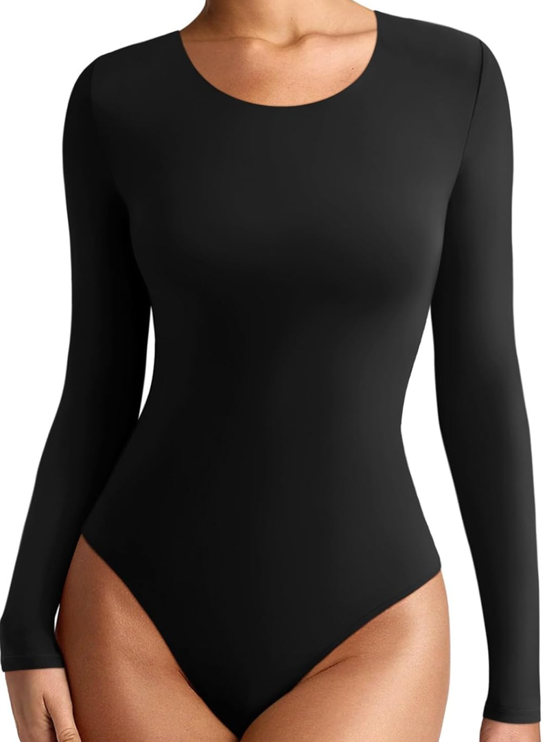REORIA Womens Long Sleeve Bodysuits Fall Basic Round Neck Lightweight Double Lined Layering Slim Body Suit Tops, Size M