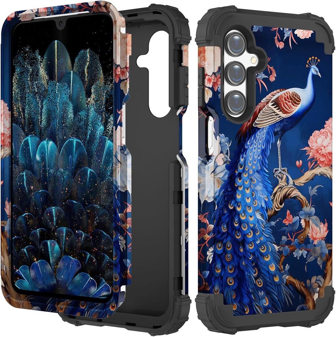 PIXIU Unique Flower Pattern Compatible with Samsung Galaxy A16 5G case,Heavy Duty Dual Layer Shockproof Full-Body Protective Sturdy Hybrid Cute Rugged Case for Women,Girls,Kids-Peafowl (A15)