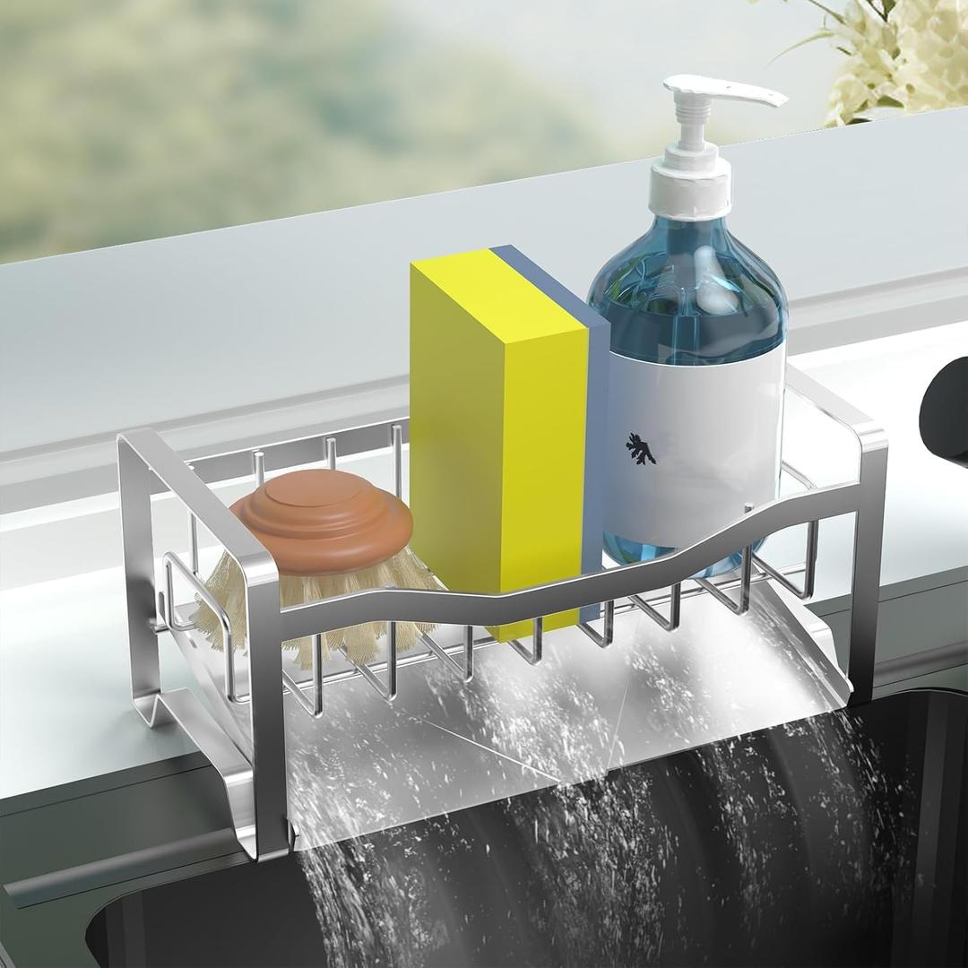 Maifan Kitchen Sink Caddy Organizer Sponge Holder for Kitchen Sink with Stainless Steel Auto Drain Tray, Self Drain Dish Soap Sponge Caddy Rack for Countertop Storage Gadgets Silver Grey