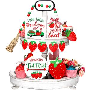 Yalikop 10 Pcs Summer Tiered Tray Decor Sets Strawberry Kitchen Decor Farmhouse Wood Tiered Tray Decorations Standing Sign Bead Garland Banner for Home Able Shelf Mantel Party