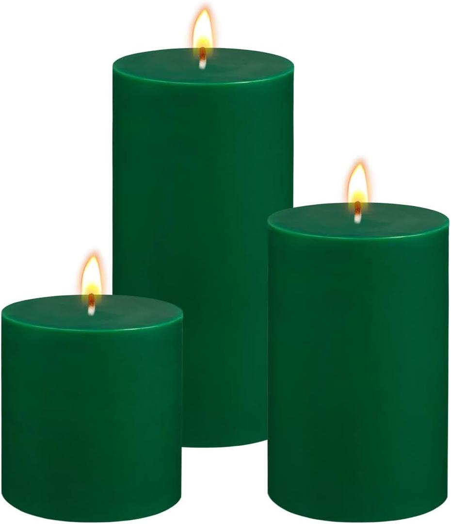 Green Unscented Pillar Candles 3-Pack  Dripless & Smokeless, Long-Burning Thick Candles (2",3",4" Heights) for Weddings, Home Decor & Serene Ambiance