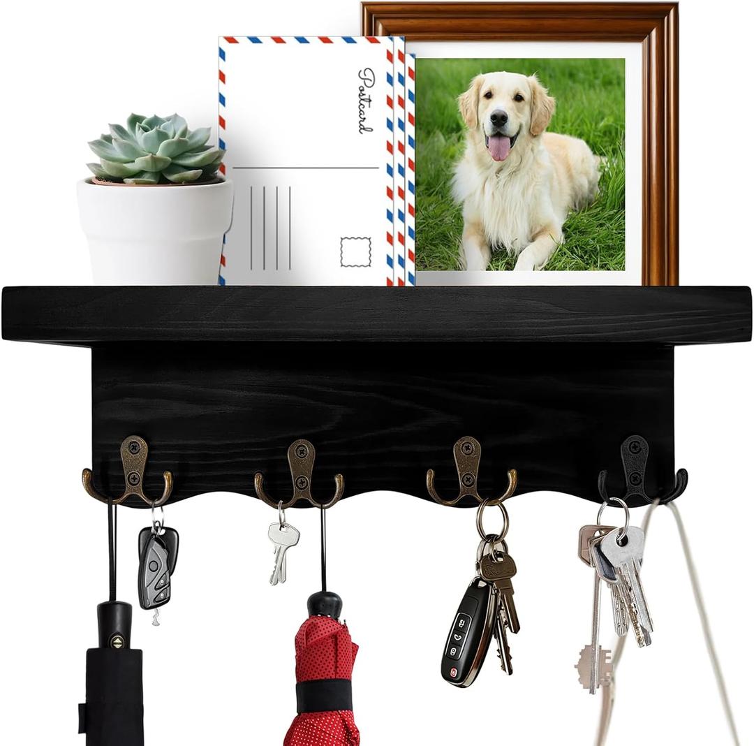 Key Holder for Wall with Shelf, Decorative Wave Design Mail Organizer Wall Mounted with 4 Double Hooks for Keys, Coats, Dog Leash, Wooden Key Rack for Entryway, Hallway, Home Decor (Black)