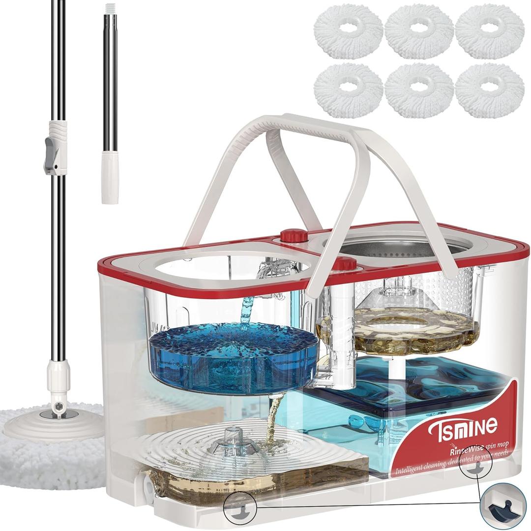 Gen 1 Large-Capacity Spin Mop and Bucket  for Big Homes & Deep Cleaning Days,4-Chamber System Separates Dirty & Clean Water, 2-GAL Heavy-Duty Design with Wheels & 6 Refill Mop Heads - White/Red