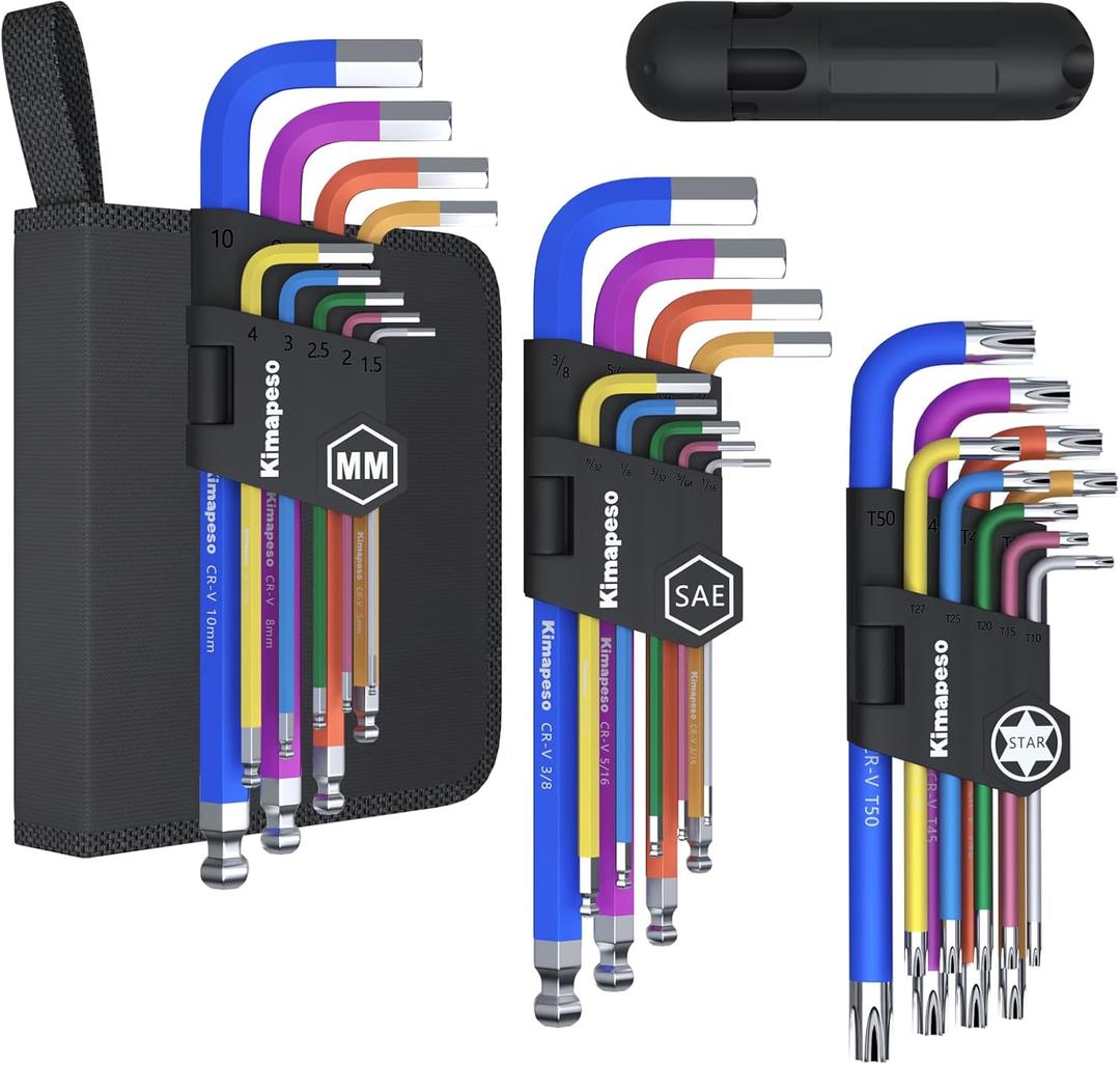 27 PCS Allen Key Set Torx SAE Metric Allen Wrenches Set Long Arm Ball End Hex Key Wrench Sets with T-Handle L-Hex Key Set Metric 1.5 to 10mm SAE 1/16 to 3/8 Torx T10 to T50