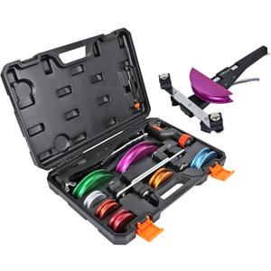 90 Ratcheting Pipe Tube Bender Set: 1/4" to 7/8" O.D. with 7-Color Aluminum Heads  LITE MODEL (No Reverse) with Tube Cutter & Deburring for HVAC, Air Conditioning and Hydraulic Applications