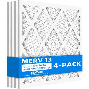 (4 Pack) 18x24x1 Furnace Air Filters, MPR 1900 & FPR 10, MERV 13 Pleated Air Filter (Actual Size: 17.75" x 23.75" x 0.75")