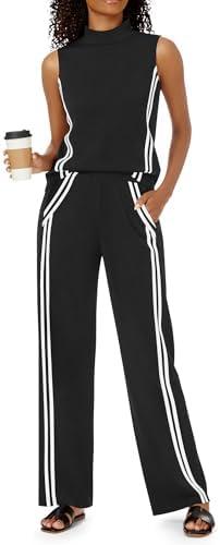 Casly Lamiit Womens 2 Piece Lounge Set Stripes Travel Outfits Sweatsuit Mock Neck Tank Top Wide Leg Pants Casual Activewear ,Size Extra small