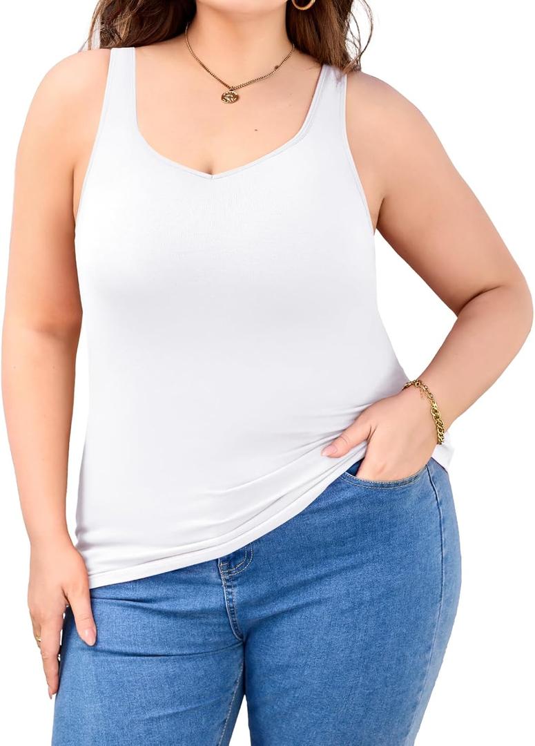 V FOR CITY Women Plus Size Tank Tops with Built-in Padded Bra Adjustable Strap V-Neck Camisole Cotton Cami Shirts 1X-4X (2X, White)