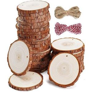 wohohoho 31pcs 3.6-4 inches Natural Wood Slices, Unfinished Craft Wood Kit Predrilled with Hole Thickened Wooden Circles with Bark for DIY Ornaments Christmas Wedding Decorations Wood Coasters Tags