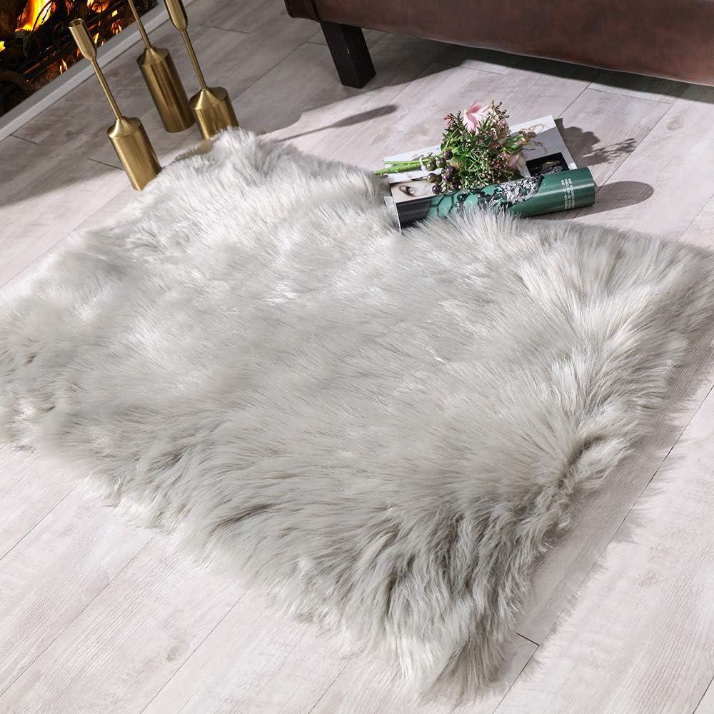 Carvapet 2x3 Small Faux Sheepskin Fur Rug - Grey Soft Fluffy Shaggy Area Carpet, Fuzzy Throw Rug and Plush Chair Cover for Bedroom Living Room Nursery