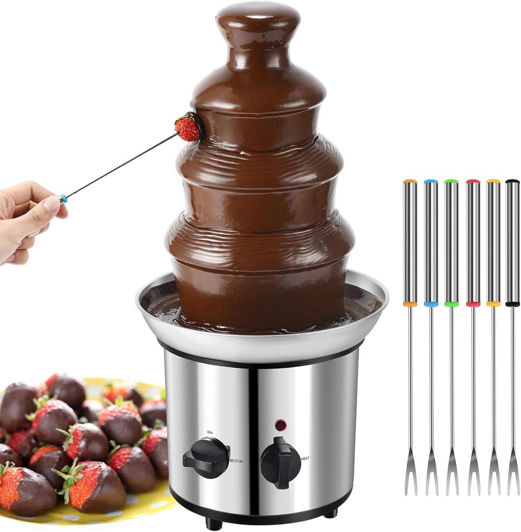 Chocolate Fountain, 4 Tiers Electric Melting Machine Chocolate Fondue Fountain Set with 6pcs Stainless Steel Forks, 4-Pound Capacity for Nacho Cheese, BBQ Sauce, Ranch