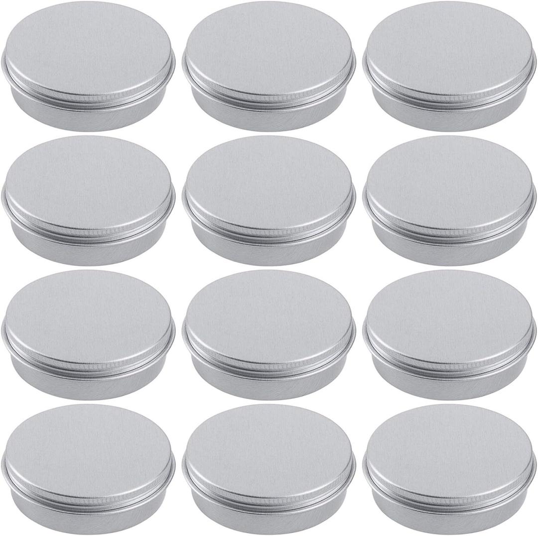 2 Ounce Aluminum Tin Jar Refillable Containers 60 ml Aluminum Screw Lid Round Tin Container Bottle for Cosmetic,Lip Balm, Cream, 12 Pack. (Silver)