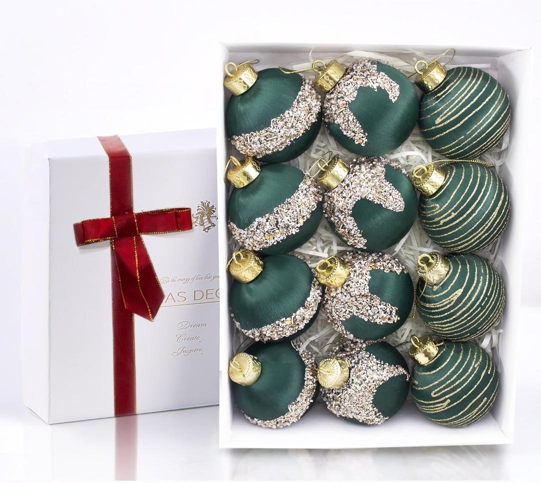 12Pcs Green Satin Christmas Ball Ornaments, 3.15 Luxury Silk Glitter Xmas Tree Decorations for Home Decor (Green)