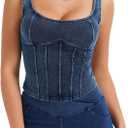 Denim Corset Top for Women Going Out Jean Crop Tank Tops Trendy Sleeveless Slim Fit Workout Denim Bustier (Large, Light Blue)