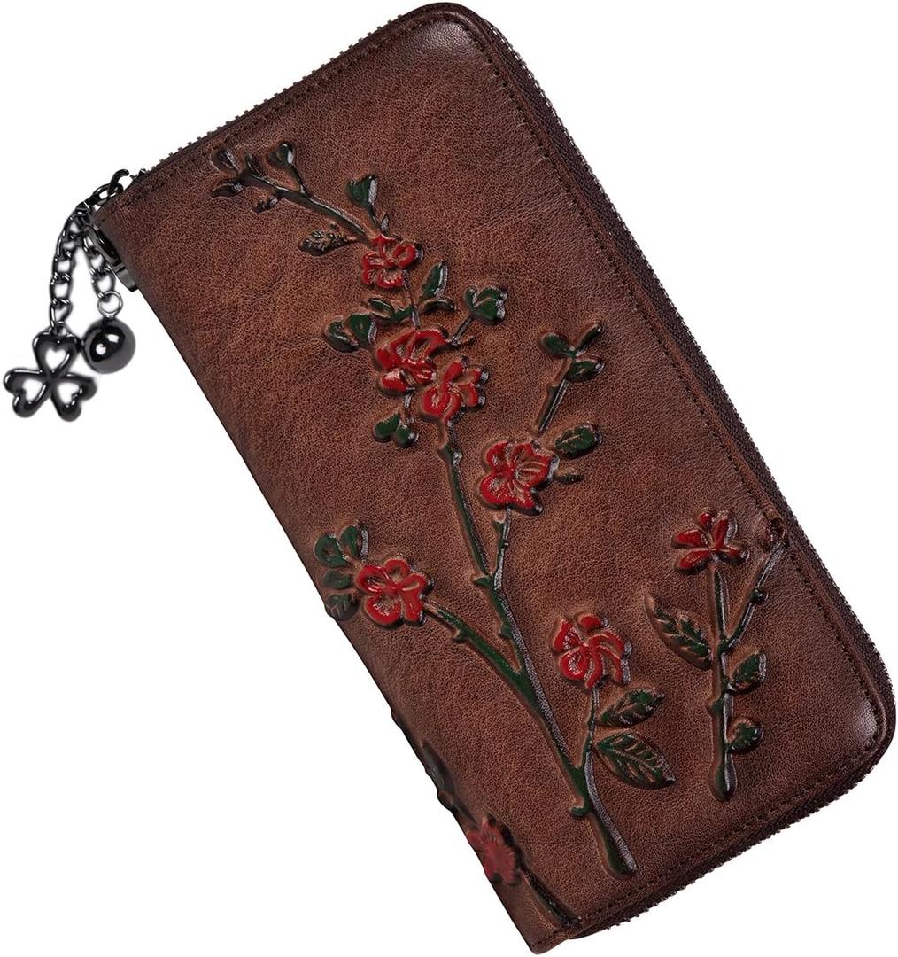 Wallet Genuine Leather for Women - with RFID Blocking Card checkbook ID Slot Large Capacity Vintage Style (Flower Coffee)