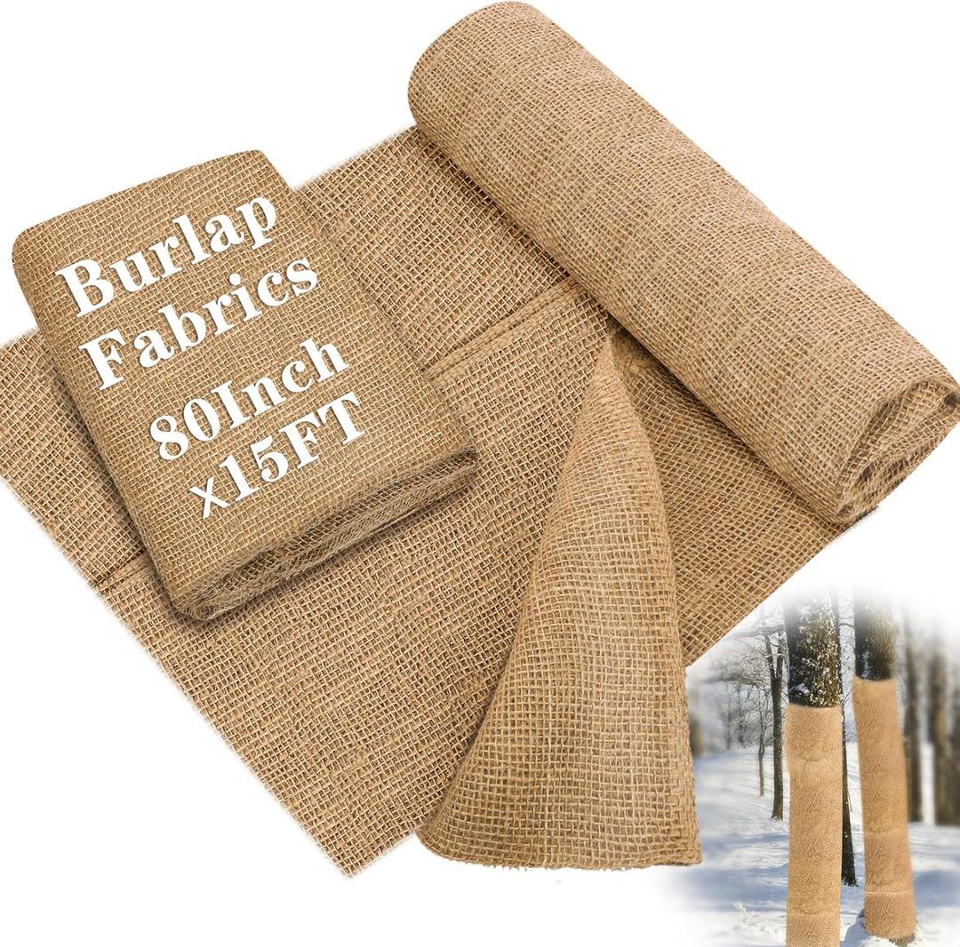 Buryeah 80 Inch x 15 ft Burlap Fabrics Roll Natural Burlap Tree Wrap Winter Garden Frost Plant Protection Blankets Cloth Weed Barrier Fabric Jute for Outdoor Trees Shrubs Craft Home Party Decor