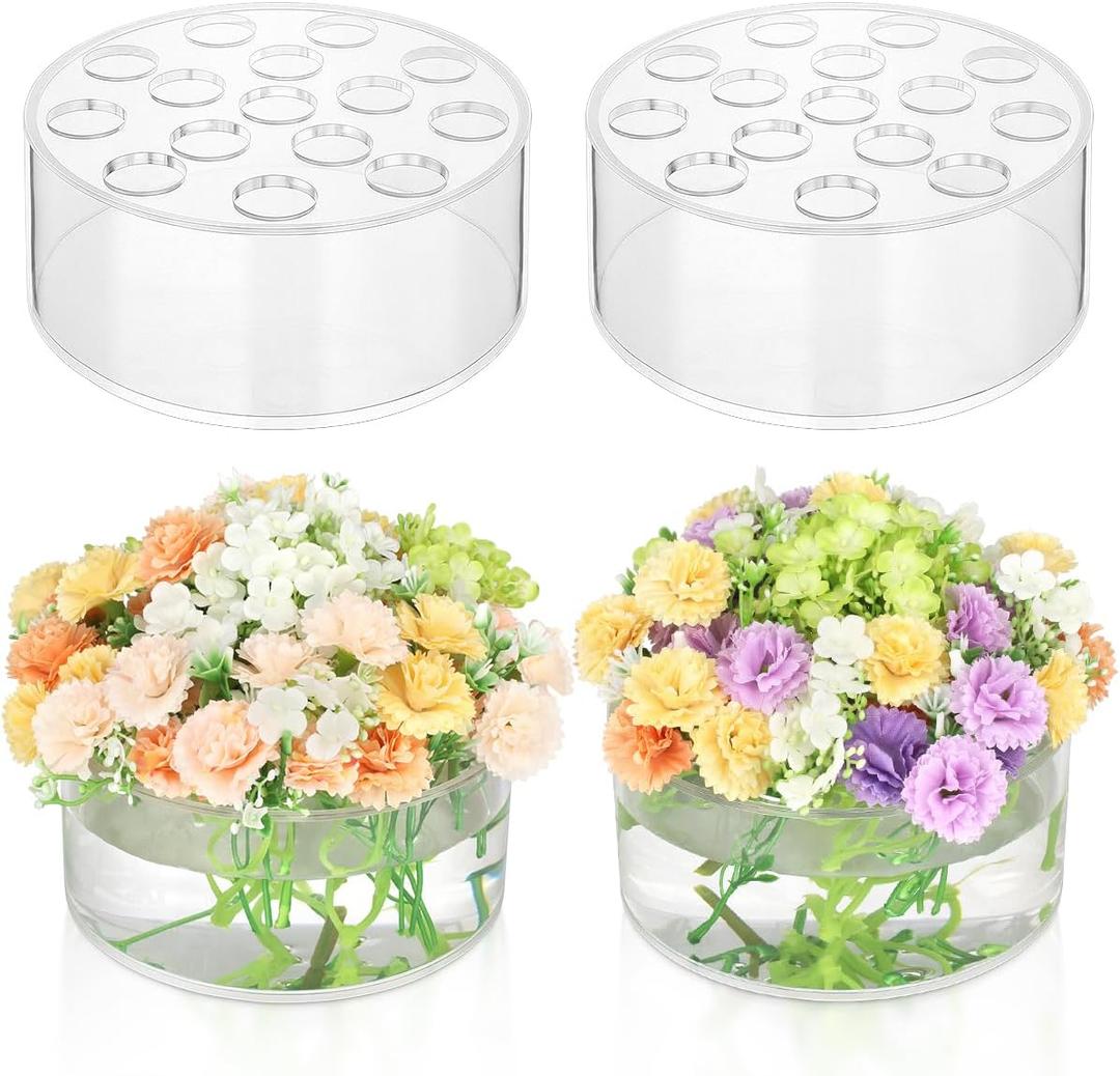 4 Pack Clear Acrylic Flower Vase Circle Floral Centerpiece Dining Table, 5.9 Inch Wedding Round Flower Vase, 15 Holes Modern Acrylic Low Vases with Holes