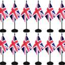 12 Pcs United Kingdom Desk Flags Set, British Small Mini Table Office Mini Desktop Flag With Black Flagpole and Black Base For Home Office Decoration,138Inches