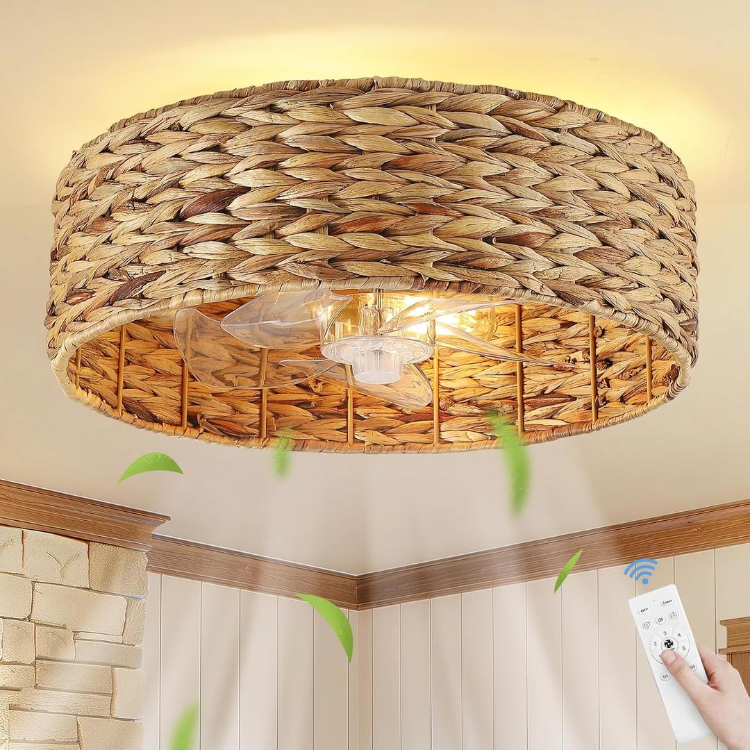Caged Rattan Ceiling Fans with Lights,Boho Flush Mount Ceiling Fan with Light,Wicker Cage Ceiling Light Fixture,4-Light Farmhouse Bohemian Ceiling Lamp for Kitchen Bedroom Hallway