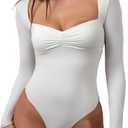 CHYRII Womens Sexy Square V Neck Bodysuit Tops Fall Fashion Long Sleeve Going Out Tops (Small, White)