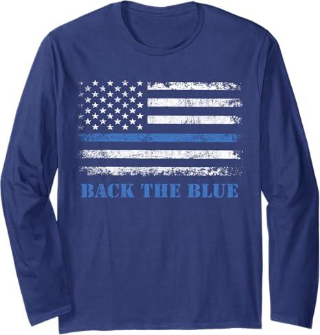 Back the Blue Thin Blue Line American Flag - Police Support Long Sleeve T-Shirt, L