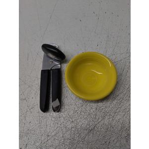 Fiesta® 9 oz Fruit/Salsa Bowl – Durable Ceramic, Lead-Free, Dishwasher/Microwave/Oven Safe – Made in USA - Sunflower with  Good Grips Soft-Handled Manual Can Opener