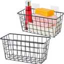 JUNCHU CHERRY 2 Pack Hanging Storage Basket, Bathroom Basket, Household Goods, with Traceless Tape, no Drilling, for Cabinet Storage, Kitchen, Bathroom, Storage Room, Black