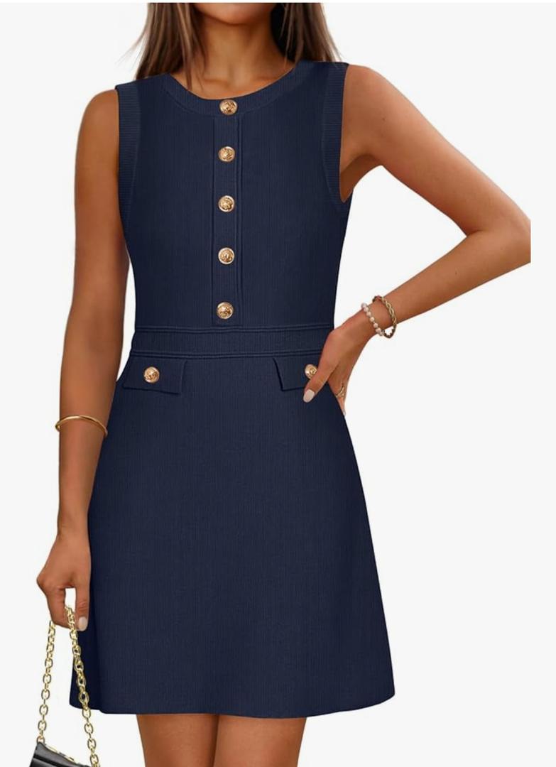 MEROKEETY Women's Formal Work Mini Dress Casual Summer Sleeveless Elegant Button Bussiness Office Outfits, S