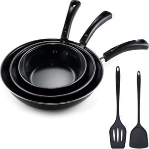 Nonstick Frying Pan Set - Iron Frying Pan 3-Piece Set (8", 10", 12") + 2 Silicone Spatulas, With Premium Nonstick Coating, Up to 450F, Skillet Suitable for Induction, Gas & More