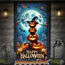 Halloween Door Cover 71x35 Inch Pumpkin Stack Glowing Jack O Lanterns Banner Full Moon Ghosts Bats Graveyard Scene Banner Happy Halloween Door Decoration for Porch Party Decor