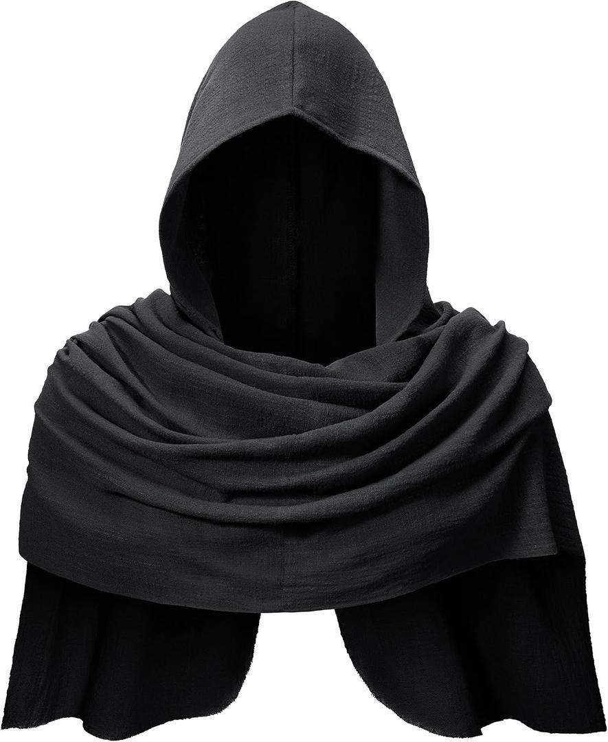 Adult Medieval Renaissance Hooded Cowl Multifunctional Scarf Shawl Cape Halloween Cosplay Costume Accessories (Black)