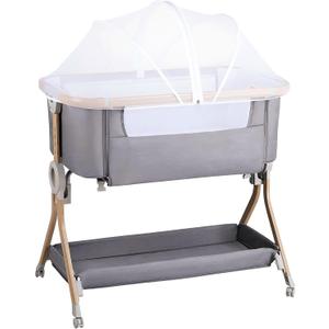 Larex Baby Bassinet Bedside Sleeper Crib Co Sleeper for Newborn Infant Toddler with Mosquito Net, Storage Bag & Basket, 5-Height Adjustable, Movable Wheels, Breathable Mattress & Mesh (Elephant Gray)