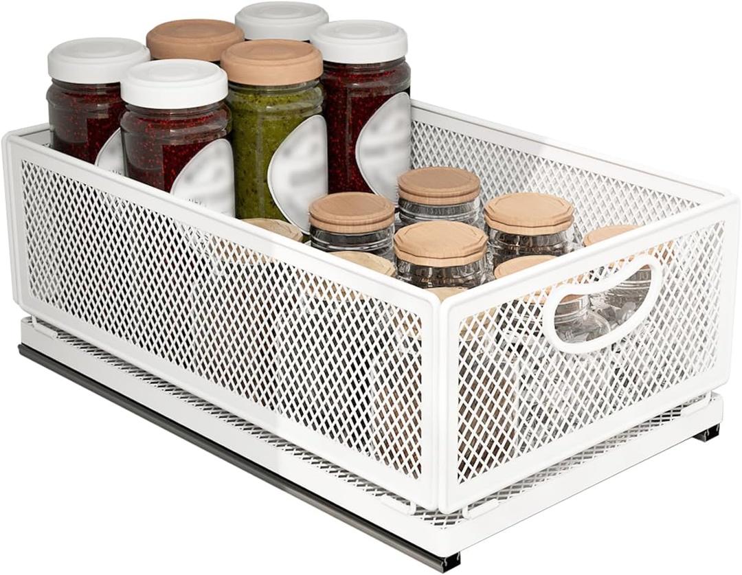 Sliding Cabinet Basket Organizer Drawer Self Adhesive Slide out Pantry Shelves Heavy Duty Carbon Steel Slide Cabinet Storage Basket with Handle for Bathroom Kitchen Home (Extended Medium)