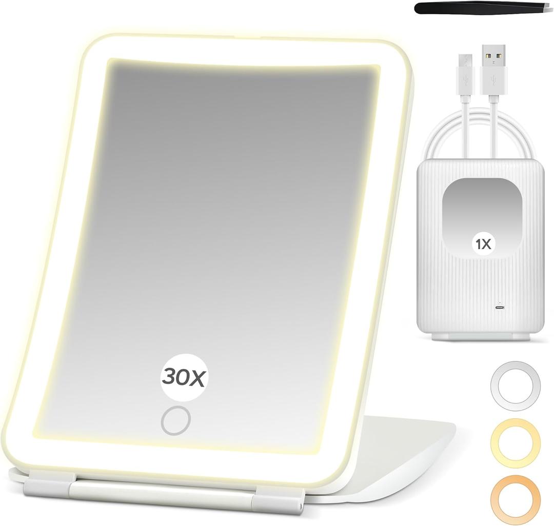 2 in 1 64 LED Travel Magnifying Mirror with Light, 30X/1X Lighted Makeup Mirror, 3 Colors Dimmable Lighting Folding Cosmetic Vanity Mirror, Handheld/Compact/Portable