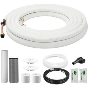 DELLA 25 Ft Mini Split Line Set, Includes 3/8" & 1/4" O.D. copper pipes with flared nuts and a 3/8" thick white PE insulated coil. Perfect for mini split ACs and other HVAC systems