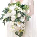 Ling's moment White Bridal Bouquet Cascading, White Wedding Bouquets for Bride, 13 Inch Ivory Bride Bouquets for Wedding Artificial Flowers Bouquets