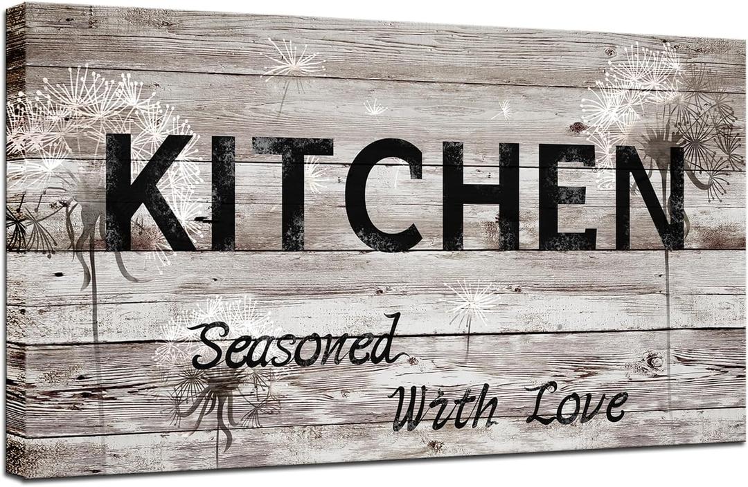 iHAPPYWALL Rustic Country Kitchen Wall Art Kitchen Seasoned with Love Room Sign Dandelion Picture Artwork for Farmhouse Kitchen Decor Ready to Hang 20x36inch