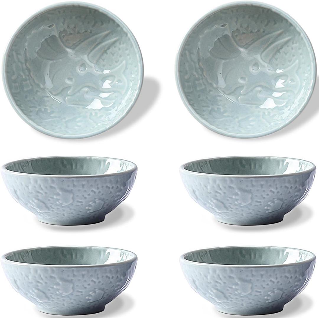 Dinosaur Ceramic 3.5 Inch Soy Sauce Dish Dipping Bowls Side Dishes Small Appetizer Pinch Bowls for Condiments, Sushi, Seasoning, Ketchup, BBQ-Set of 6 Baby blue Triceratops