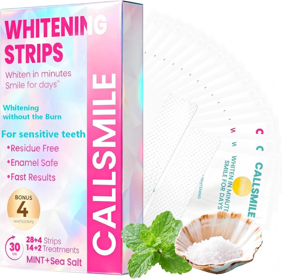 5 x CALLSMILE Teeth Whitening Strips for Sensitive Teeth & First-Time Users - Gentle No Sensitivity Enamel Safe, 16 Treatments (14 Mint + 2 Sea Salt) Easy Daily Summer Smile